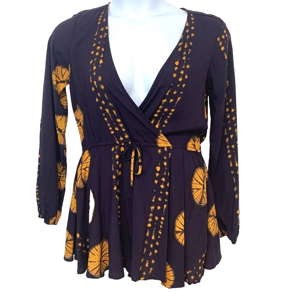 Lulus Long Sleeve Romper Small Purple Orange Pockets Drawstring Surplice Travel